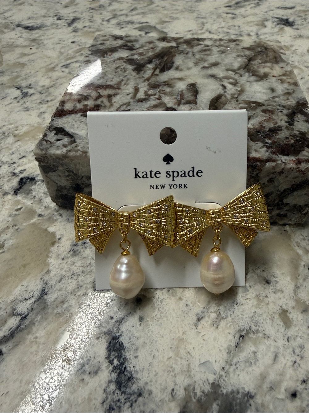 kate spade gold bow earrings with pearl drops